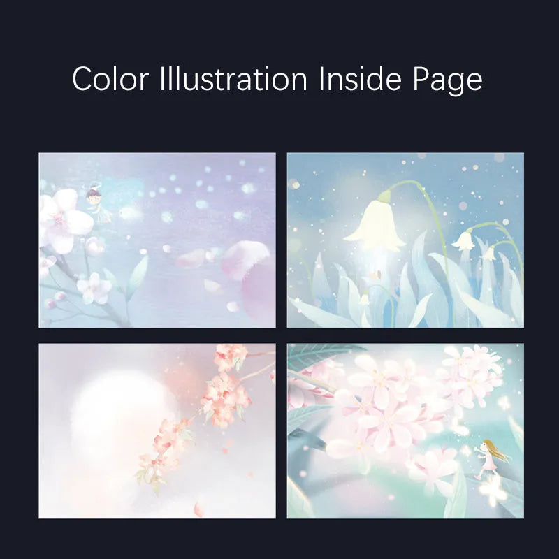 A5 notebook with luminous holographic cover lying flat, showing colourful illustrated interior pages.