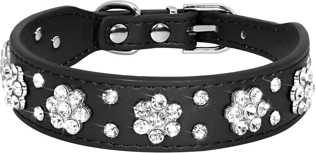 Cute PU leather dog collar with studded rhinestone flower pattern available in multiple colours for small and medium dogs