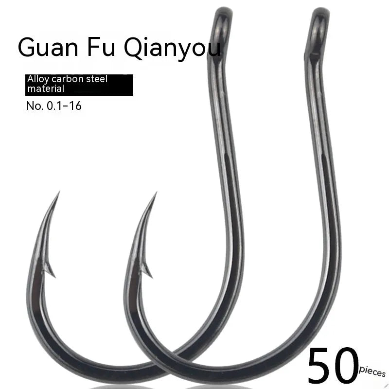 A selection of barbed, crooked mouth fishing hooks with ring holes made from alloy carbon steel.