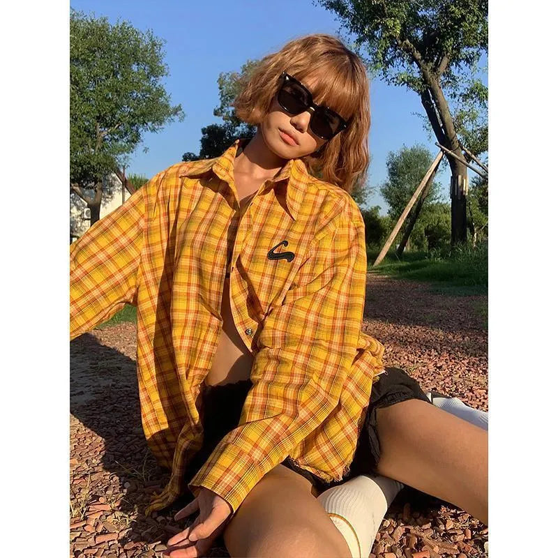 Original American dopamine yellow plaid shirt with loose fit cardigan style for youth leisure wear