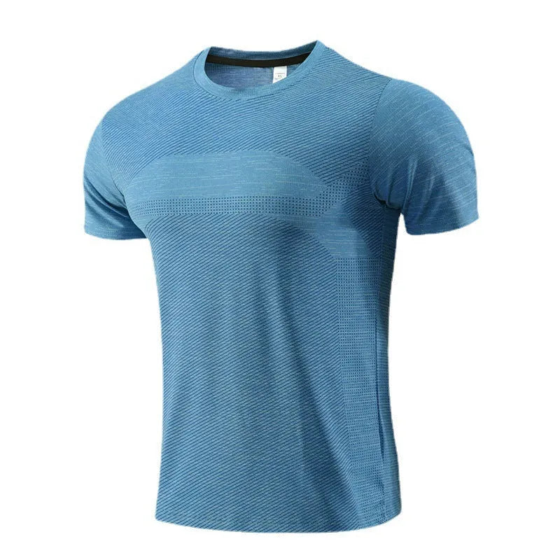 Men's short sleeve basketball T-shirt in polyester spandex, shown in red, on a mannequin.