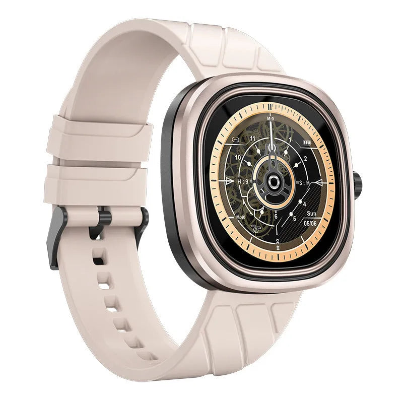 Black smart bracelet watch with 1.32-inch screen and silicone band on a wrist.