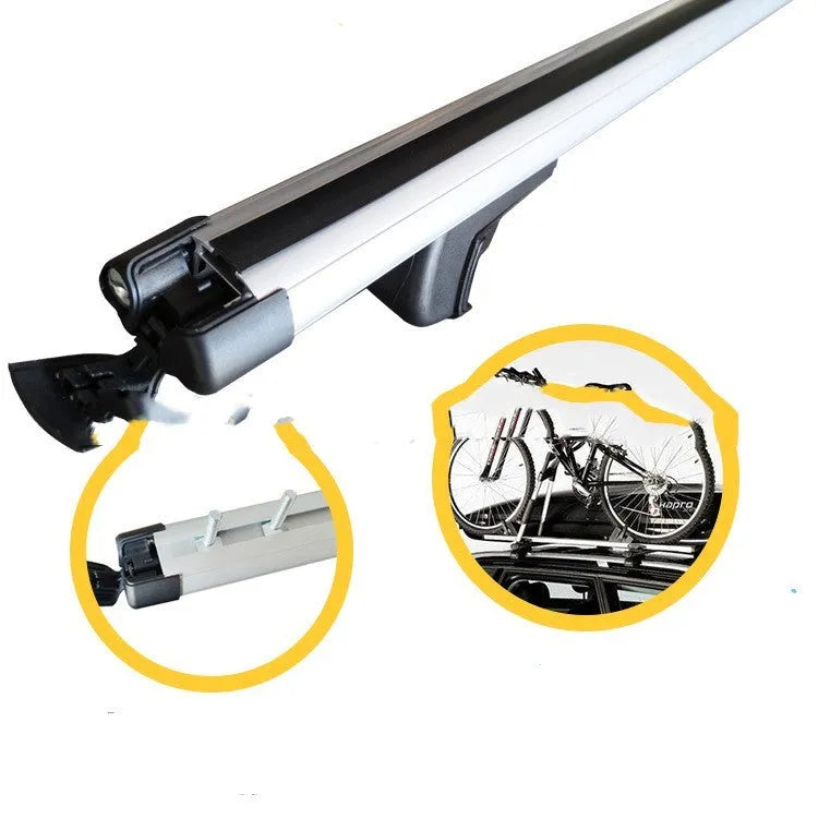 Alloy roof rack crossbar kit for General Motors SUV on vehicle roof, showing adjustable width.