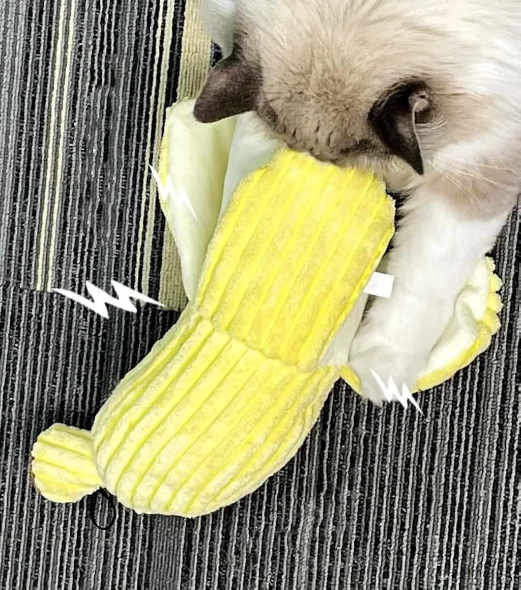 Yellow banana-shaped cat crinkle toy with plush fabric and velvet strip detailing