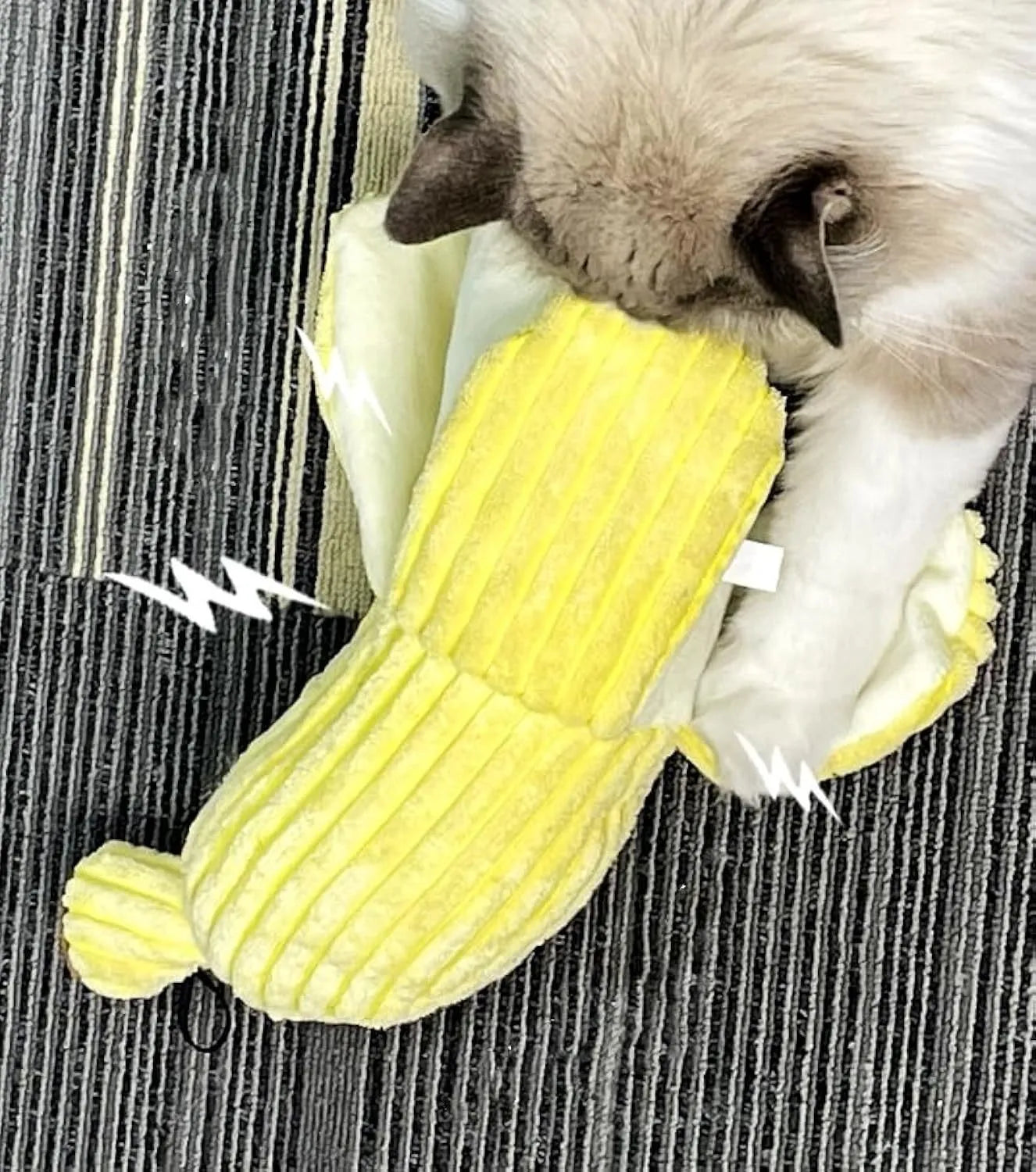 Yellow banana-shaped cat crinkle toy with plush fabric and velvet strip detailing