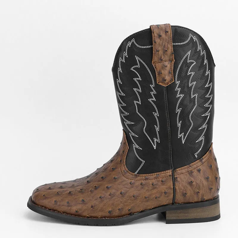 Men's black artificial leather Western-style motorcycle boots with square toe and wedge heel.