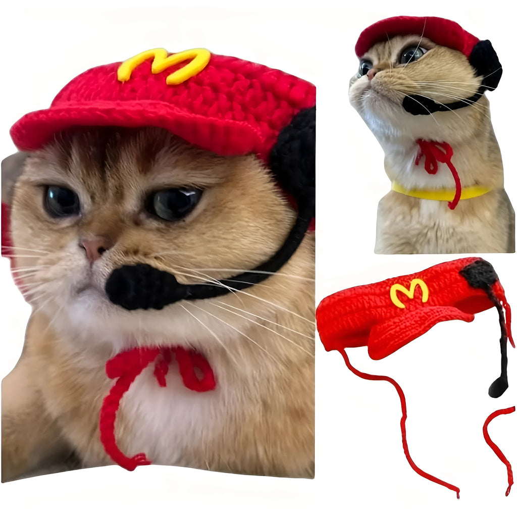 Handmade chef hat and knitted sweater costume for small to medium cat or dog