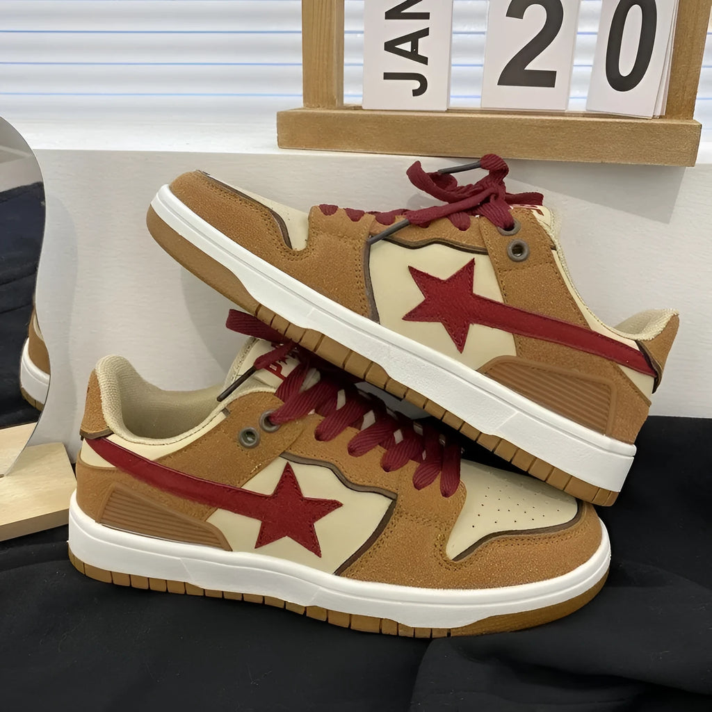 Brown women's low-top platform sneakers with sequin trim and round toe, shown from the side.