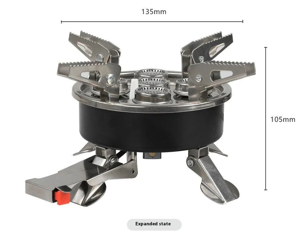 Silver stainless steel split camping stove with 100cm hose, folded dimensions 155x125mm