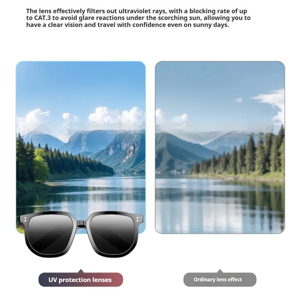 Black AI smart sunglasses with Bluetooth audio, touch controls and UV protection lenses on a PC frame.