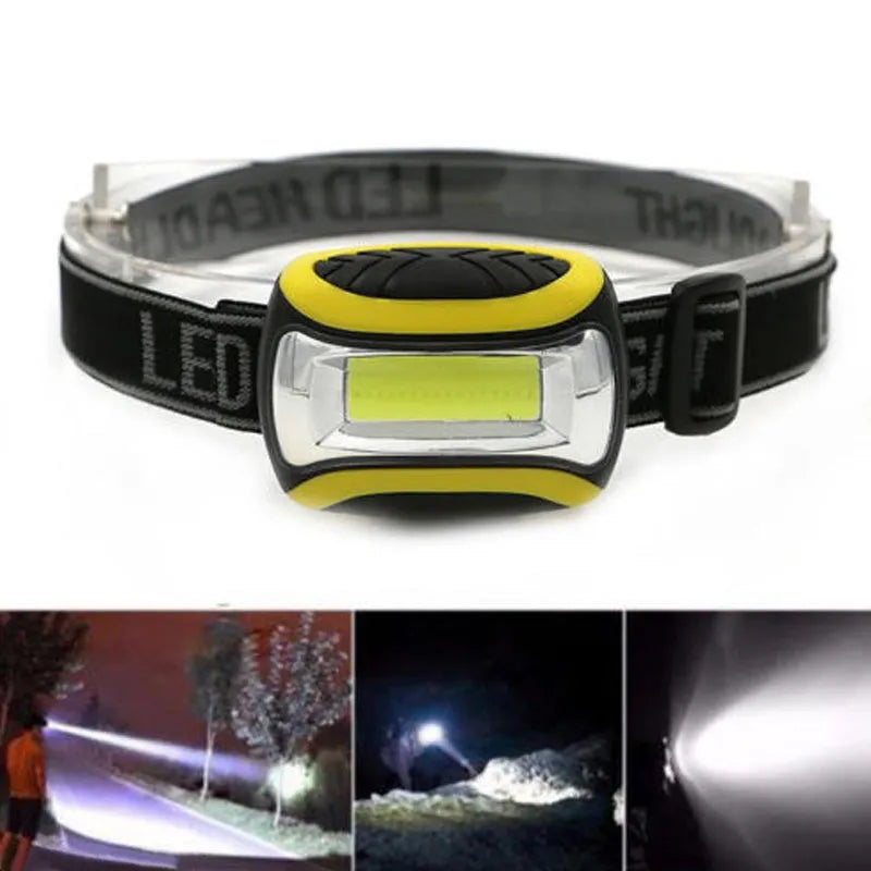 Yellow plastic headlamp with a central COB LED light, shown as a single unit for outdoor use.
