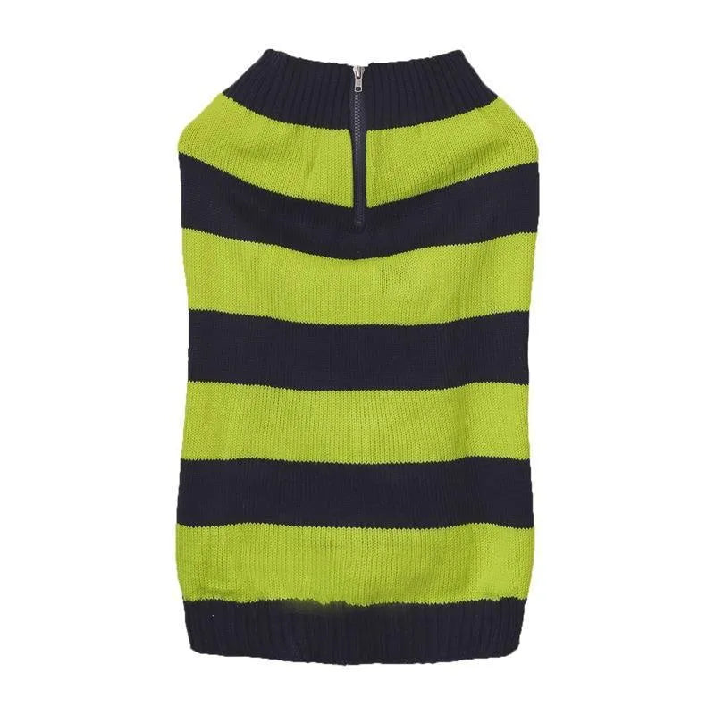 Grey dog sweater with contrast colour horizontal zip and button pockets on a small dog.