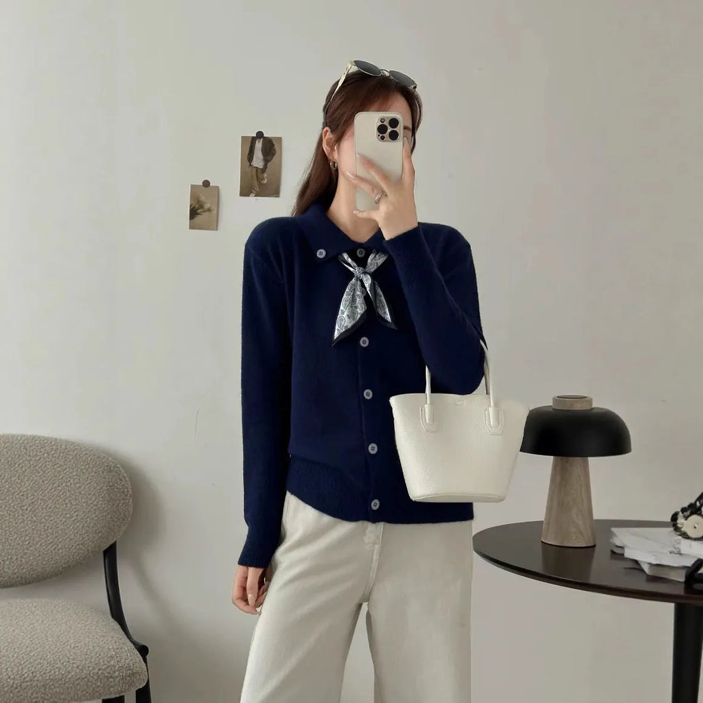 Beige lapel scarf sweater cardigan with contrasting scarf collar and long sleeves