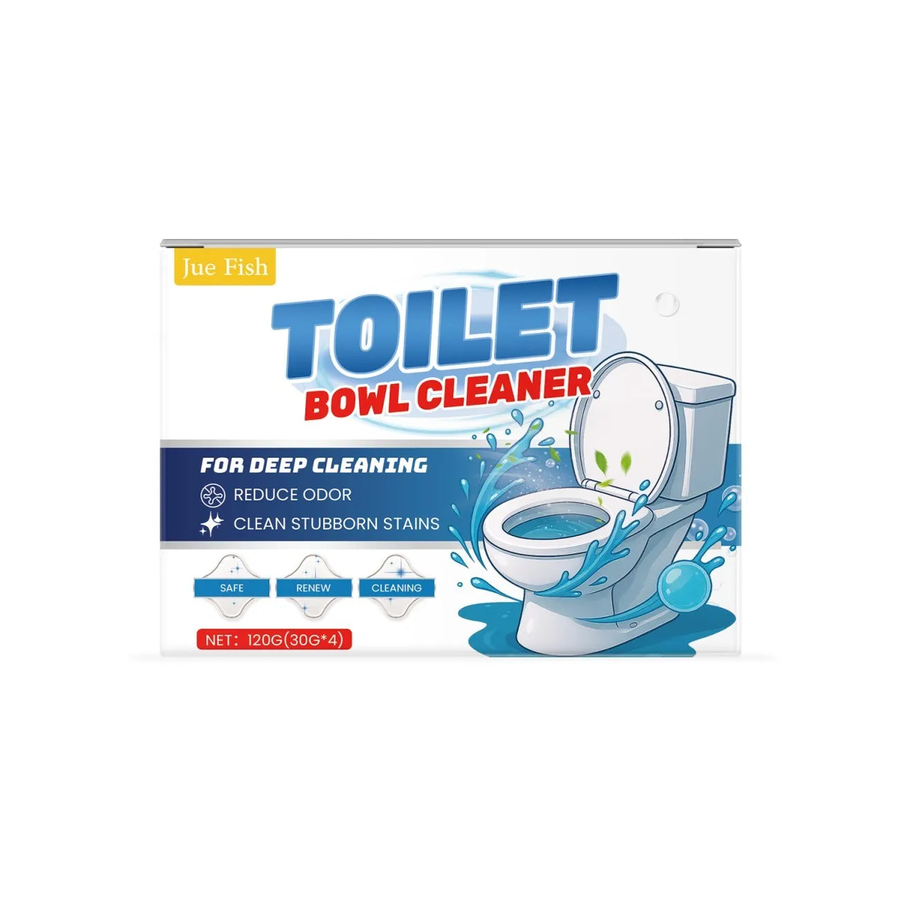 Pack of four 30g sachets of toilet bowl cleaning powder for removing limescale and stains.