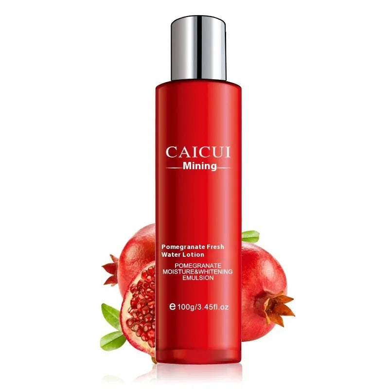 Pomegranate skin care set with four red packaged products: face wash, toner, lotion, and facial cream