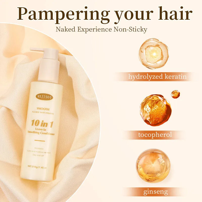 210g bottle of wash-free 10-in-1 hair conditioner for moisturising and smoothing frizzy hair