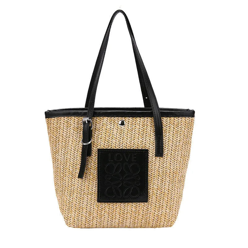 Women's woven straw shoulder bag in European retro style with three-dimensional pockets