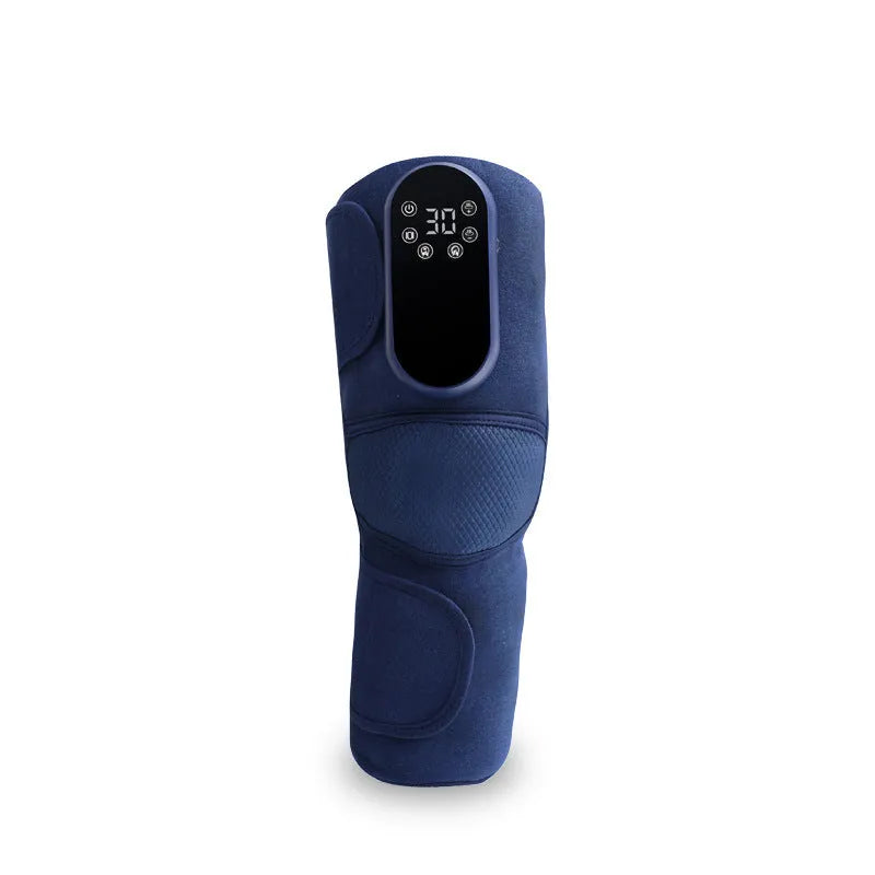 Blue self-heating knee massager wrap with adjustable straps, showing control panel.