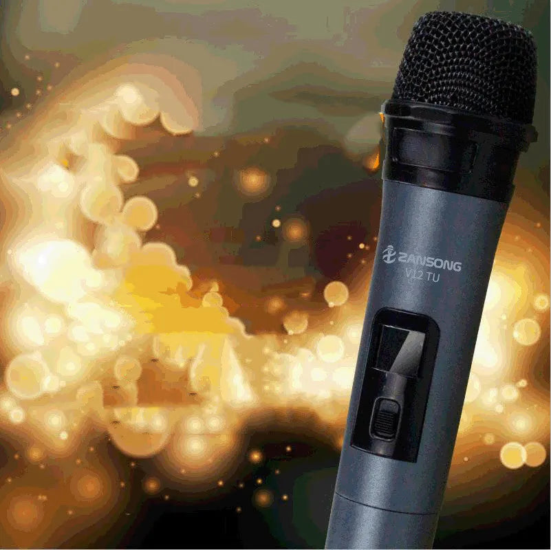 Black V12 dynamic wired microphone with USB receiver, adapter, and audio cable