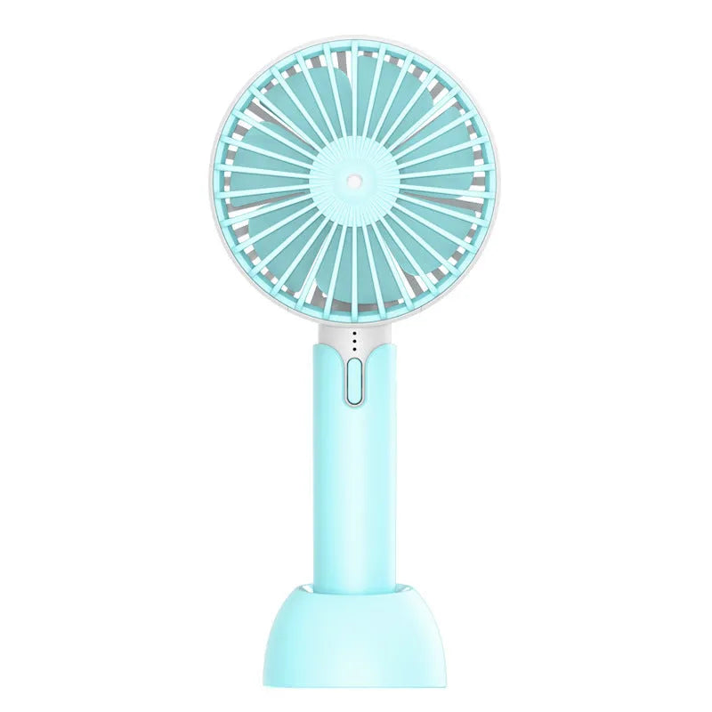 Blue mini USB desktop and handheld personal electric fan with oscillating head.