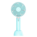 Blue mini USB desktop and handheld personal electric fan with oscillating head.