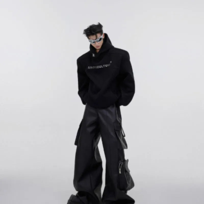 Men's loose hooded sweater with metal three-dimensional printing design in red colour