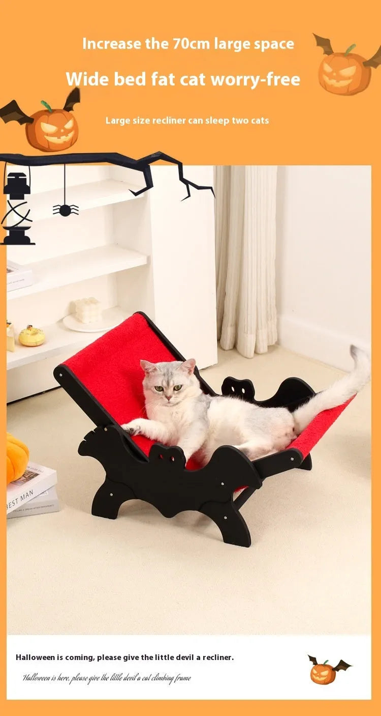 Wooden cat recliner bed with Halloween black and red design on raised platform