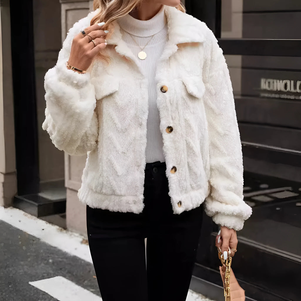 Women's ivory white double-sided plush button cardigan on a hanger
