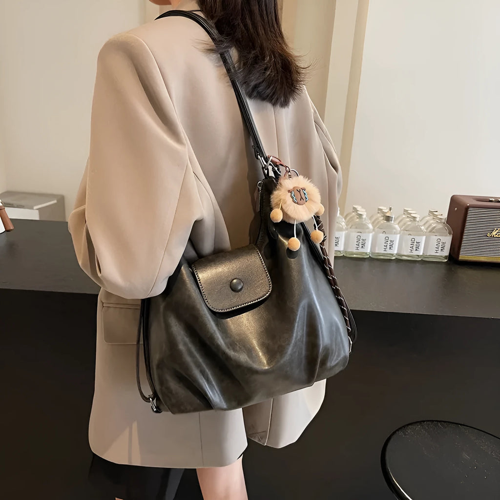 Women's PU leather shoulder bag in horizontal square shape with single strap and mobile phone compartment