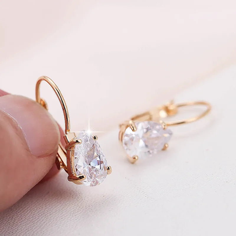 Drop-shaped women's copper earrings with platinum inlaid gems in gold colour option