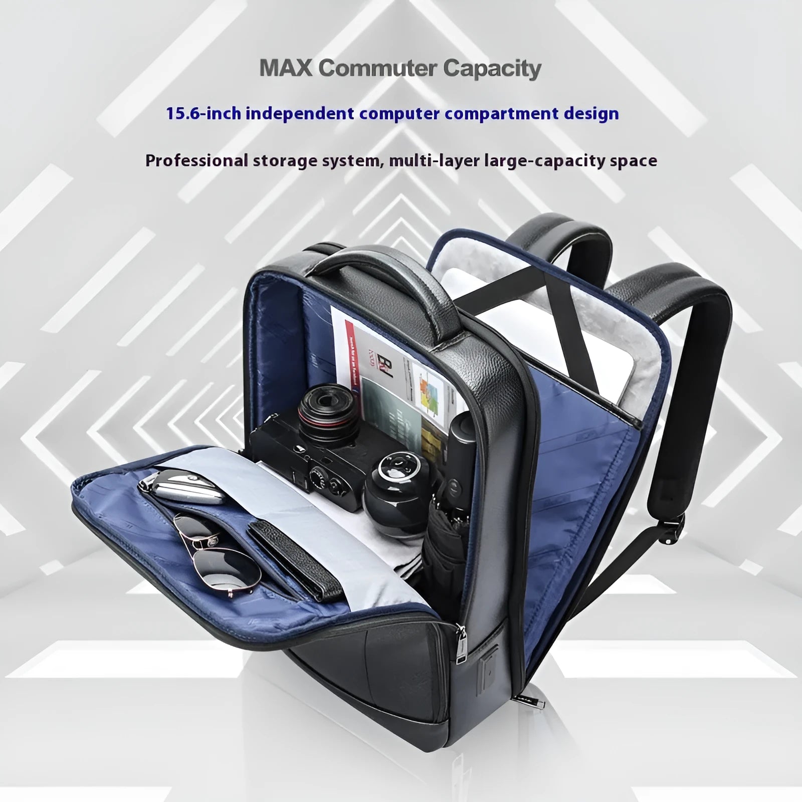 Black cowhide leather business backpack with USB interface and curved shoulder straps