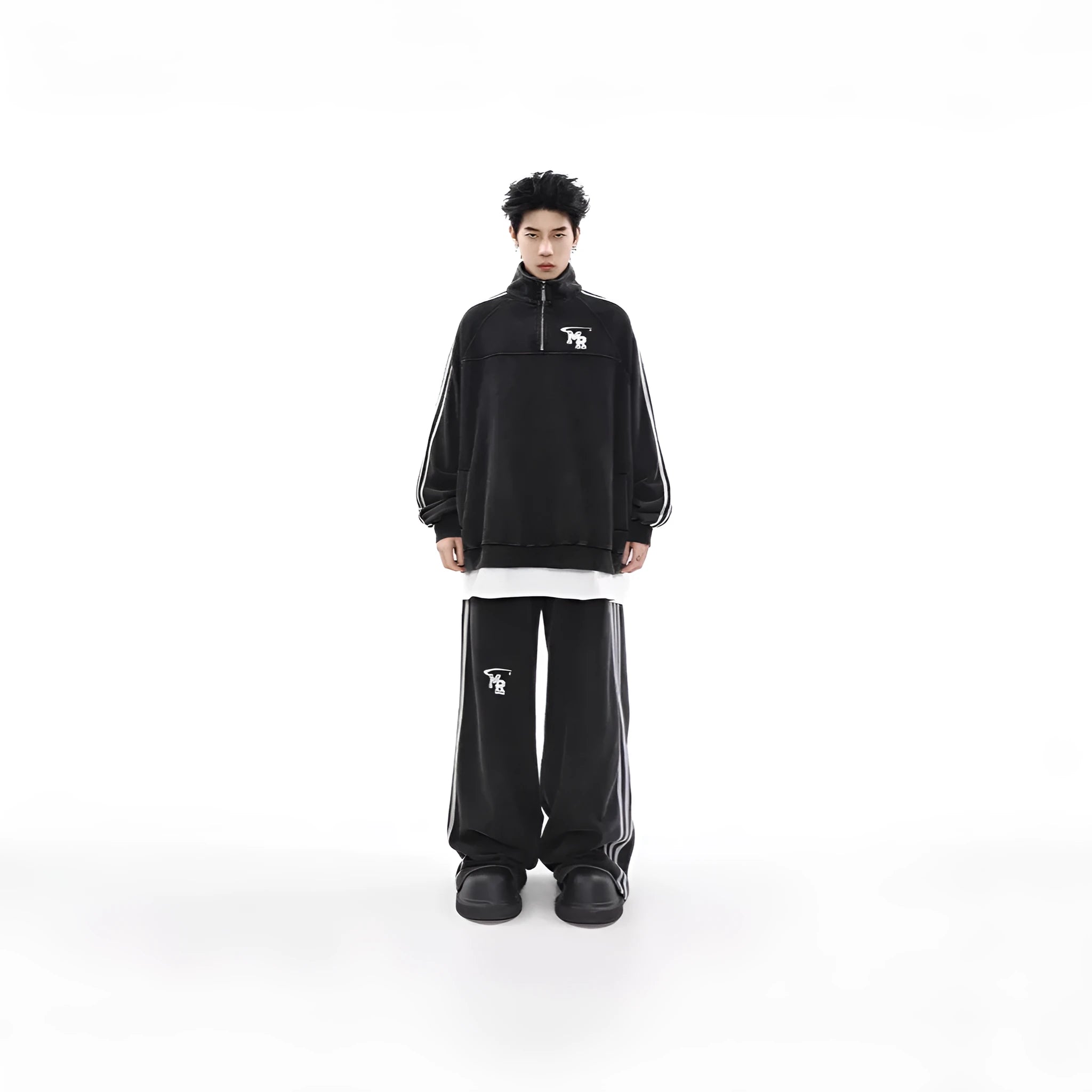 Black Hong Kong style polyester hoodie jacket with high street stand collar design