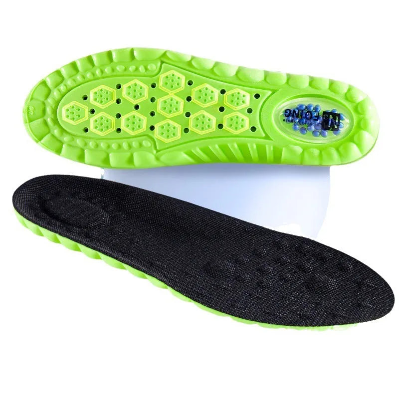Green PU sports insole with air cushion and arg wormwood for sizes 35-46 showing thickened breathable design