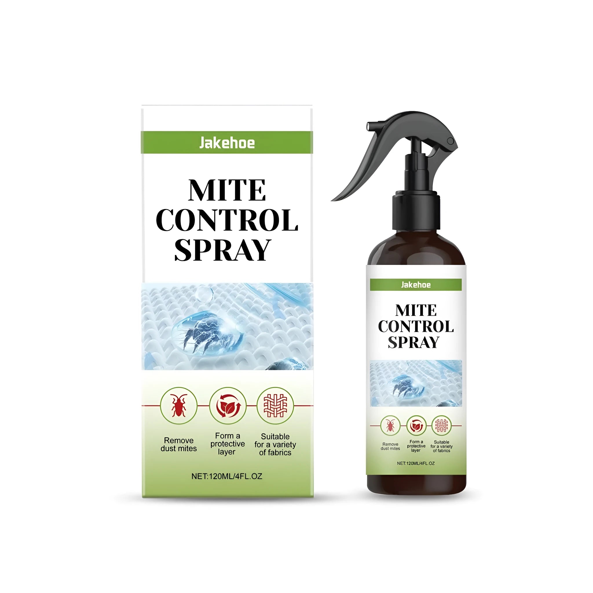 120ml bottle of clear mite control spray with ethanol and menthol for fabric treatment