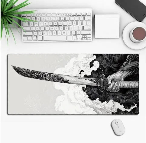 Anime design gaming mouse pad with non-slip rubber base shown on a desk