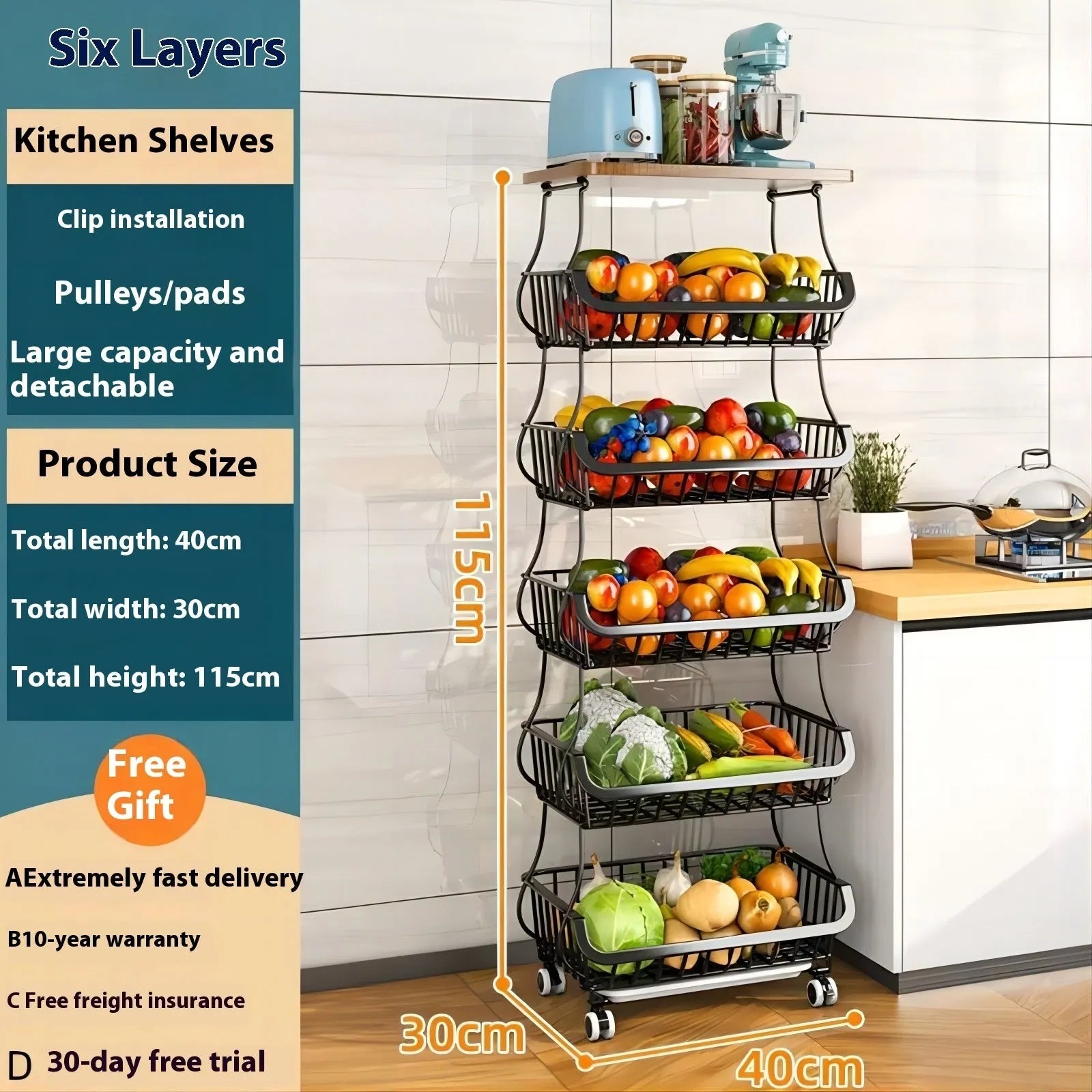 Black freestanding kitchen storage trolley with six shelves