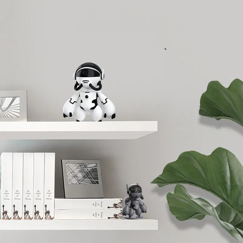 White Space Robot wireless home security camera on a table with a wide-angle lens.