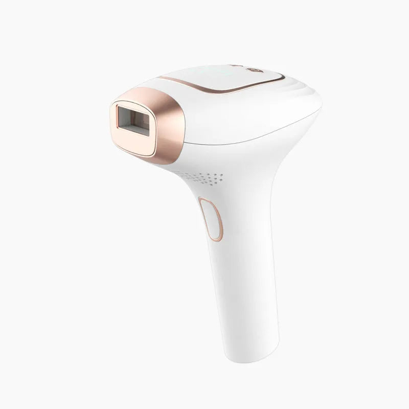 Pink and white three-in-one ice-sensing laser hair removal device with shaver head and charging cable.