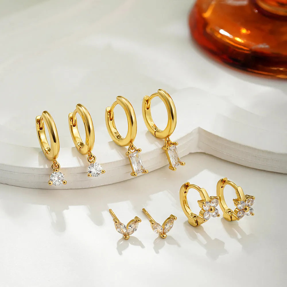 Women's geometric square earrings four-piece set with zircon detailing in gold or silver electroplated finishes