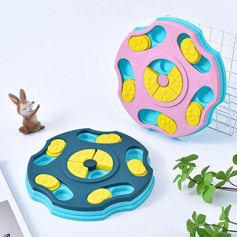 Blue dog puzzle feeder bowl with removable difficulty components for interactive slow feeding