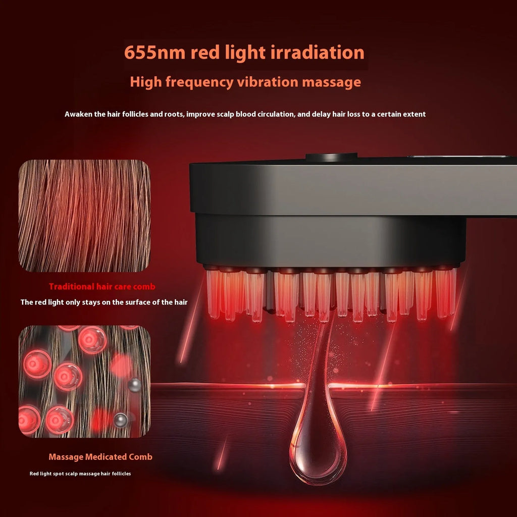 Pink and black smart massage comb for scalp care with red light therapy.