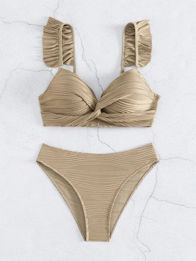 Solid colour women's bikini swimsuit in black or khaki options with polyester fabric