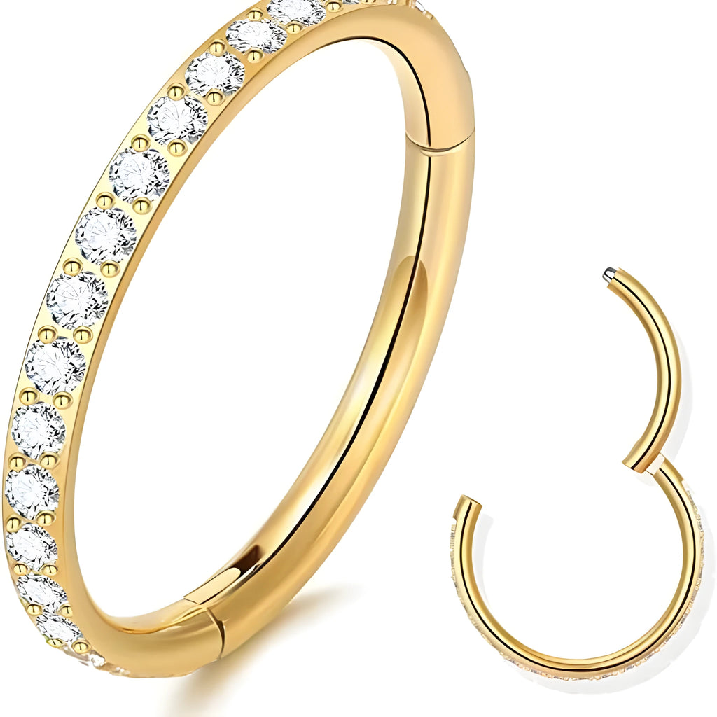 Stainless steel seamless round nose ring showing electroplated colour variations and size specifications