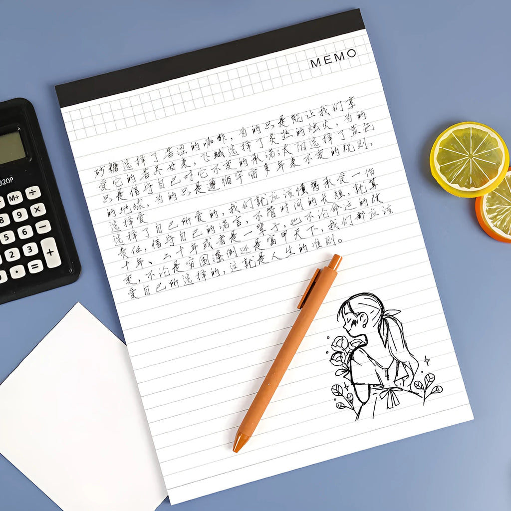 A4 tearable notebook with grid-lined pages and paper cover, showing adhesive binding.