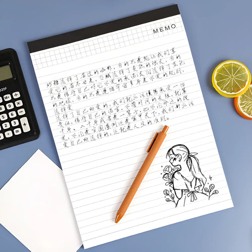 A4 tearable notebook with grid-lined pages and paper cover, showing adhesive binding.