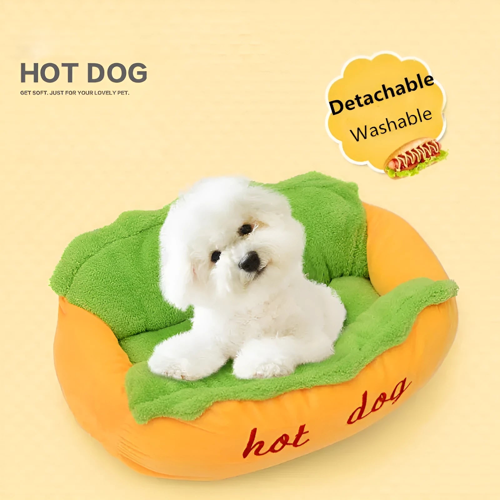 Flannelette hot dog pet bed with removable mat and anti-slip base in four size options.