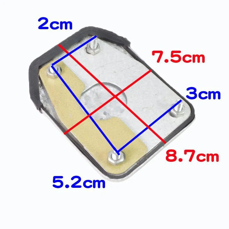 Metal motorcycle brake pedal skid plate accessory shown in three style variations.