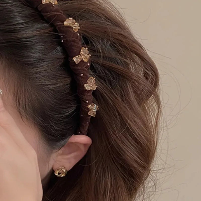 Non-slip velvet hairband with crystal wave design in wine red colour holding hair away from face