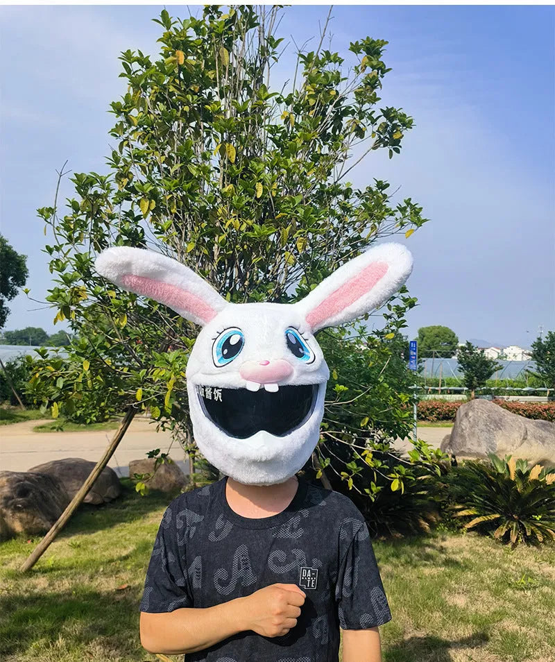 White rabbit head plush cover for motorcycle helmet with long ears