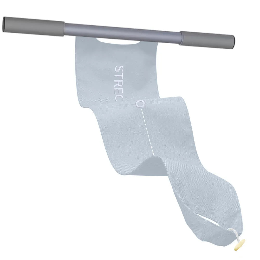 Grey and pink yoga multi-function stretching tool for shoulder, back, and hip flexibility.